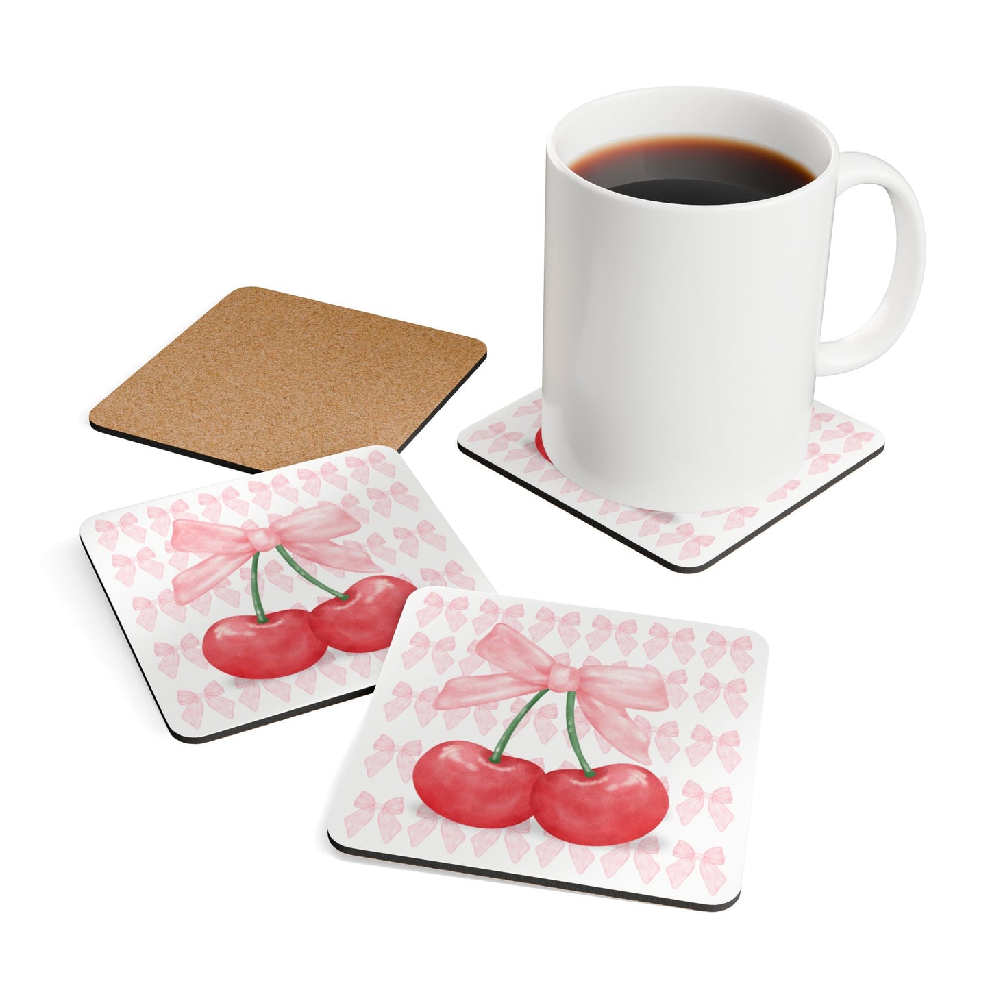 Cherry Bow Cork Coaster Set - Cute and Durable Drinkware Accessory for Home Decor and Gifts