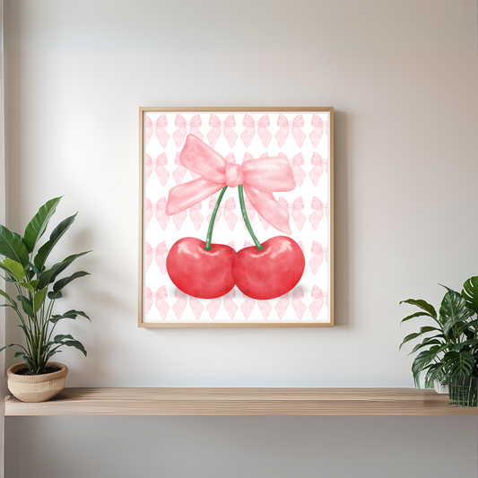 Square Poster Print Cute red cherry with pink bow | Wall art