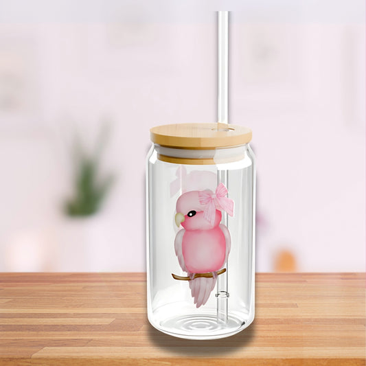 Cute Pink Bird Sipper Glass - 16oz Eco-Friendly Drinkware