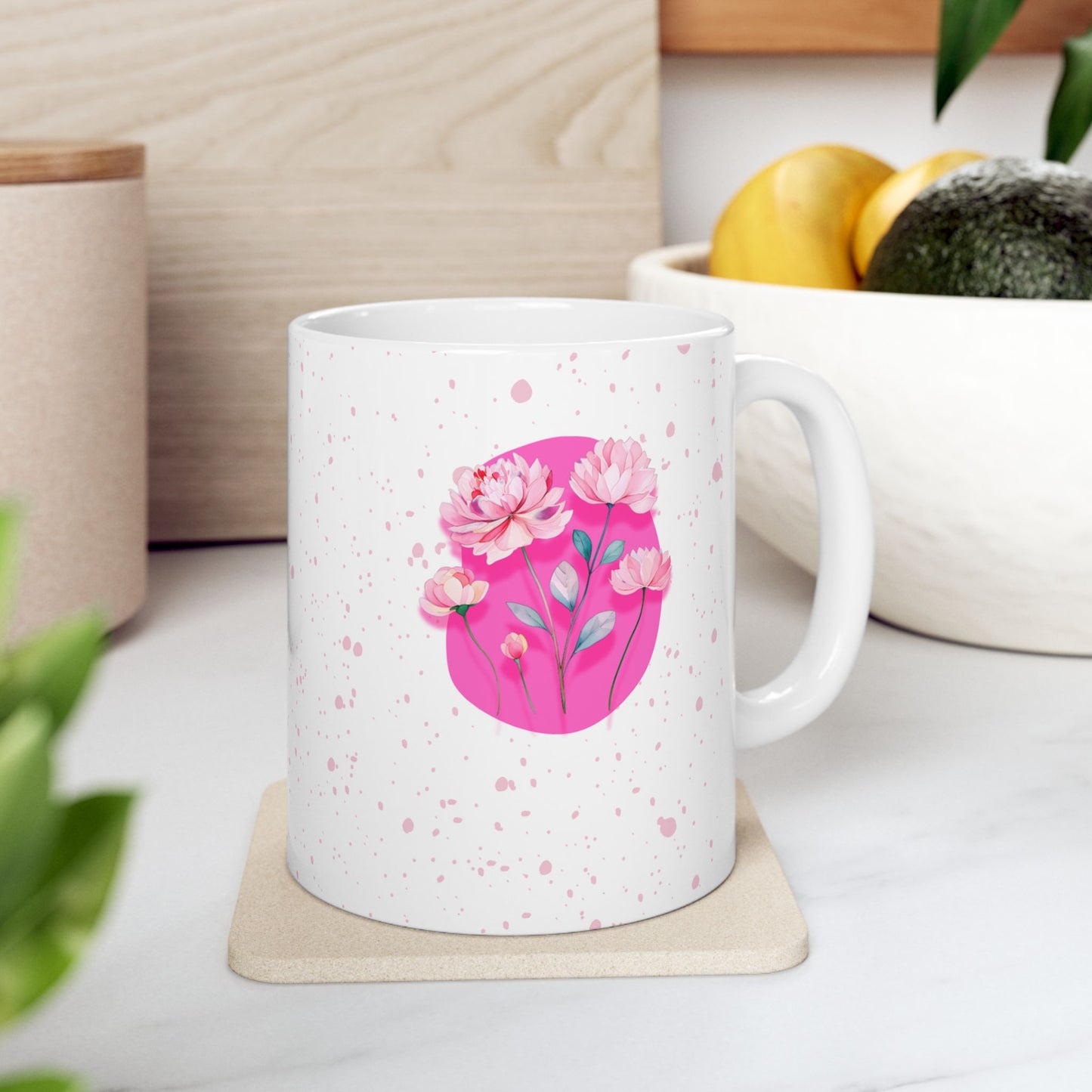 PINK accent mug | Floral design with splatters of pink