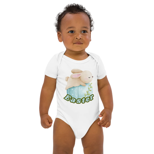 Easter Blue Green Organic Cotton Baby Bodysuit – Cute Bunny Infant Outfit – Easter Egg Baby Shower Gift – Soft Newborn Romper for Spring Holiday