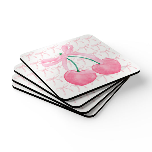 Coaster Set - Pink Cherry Bow Design