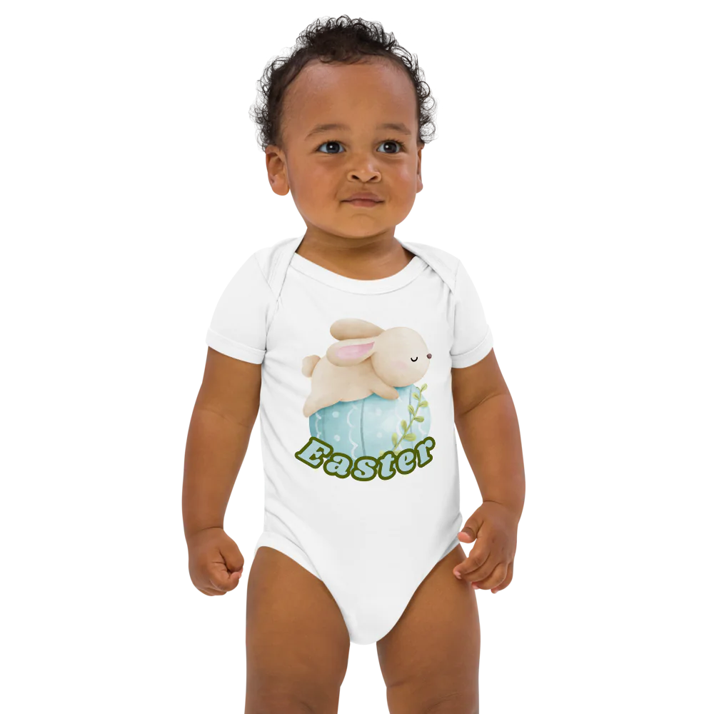 Easter Blue Green Organic Cotton Baby Bodysuit – Cute Bunny Infant Outfit – Easter Egg Baby Shower Gift – Soft Newborn Romper for Spring Holiday