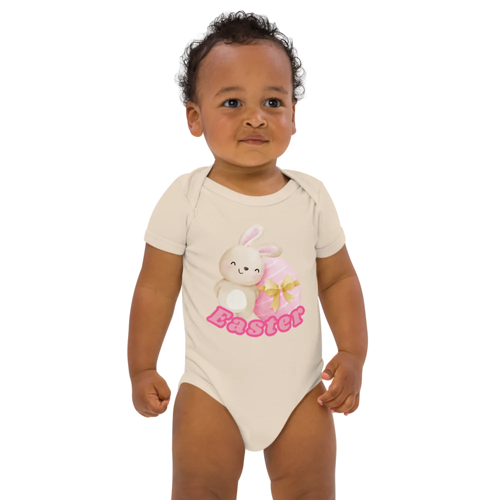 Easter Pink Organic Cotton Baby Bodysuit – Cute Bunny Infant Outfit – Easter Egg Baby Shower Gift – Soft Newborn Romper for Spring Holiday