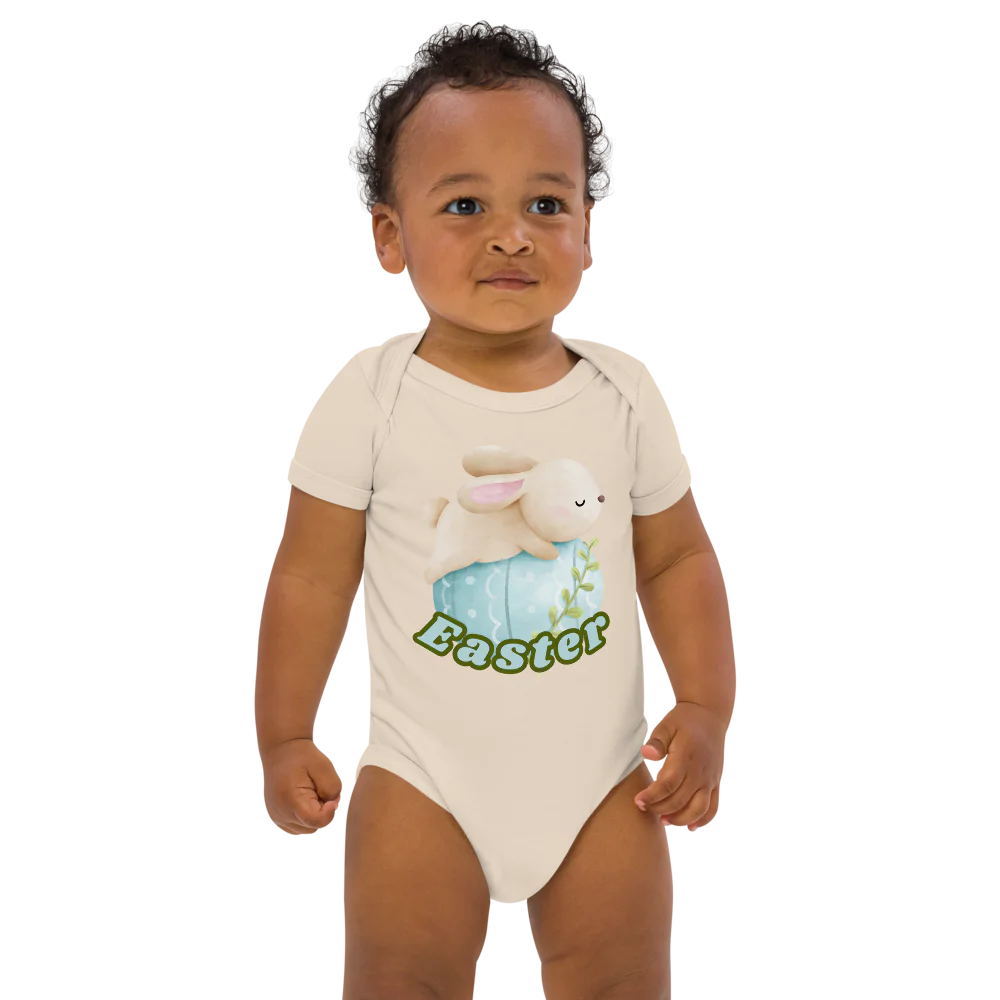 Easter Blue Green Organic Cotton Baby Bodysuit – Cute Bunny Infant Outfit – Easter Egg Baby Shower Gift – Soft Newborn Romper for Spring Holiday